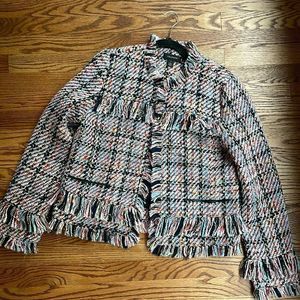 Halogen Raw Edge Tweed jacket fringe & rainbow girl boss